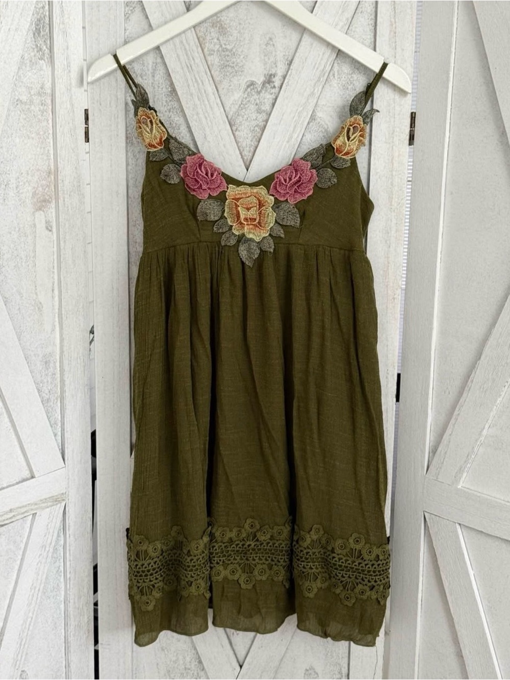 Rebellion Olive Green Floral Appliqué Sundress with Pink and Yellow Flowers
